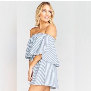 Show me your Mumu Striped Off-Shoulder Romper in Light Blue and White